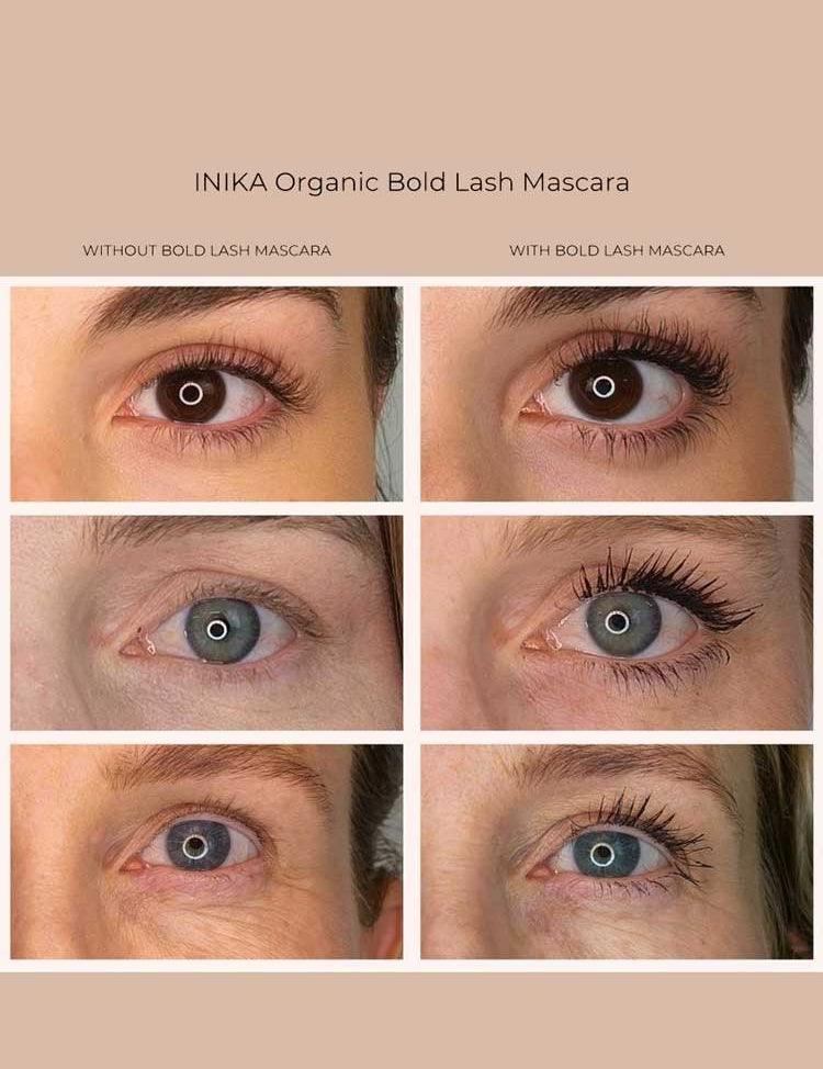 Split-screen comparison showing three pairs of eyes before (left) and after (right) applying INIKA Organic Bold Lash Mascara Black 13ml, highlighting the volumising effect and enhanced lash definition achieved.