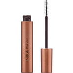 A metallic bronze tube of INIKA Organic Bold Lash Mascara Black 13ml with the cap off and the white bristle wand standing upright beside it, highlighting this volumising mascara’s elegant packaging.