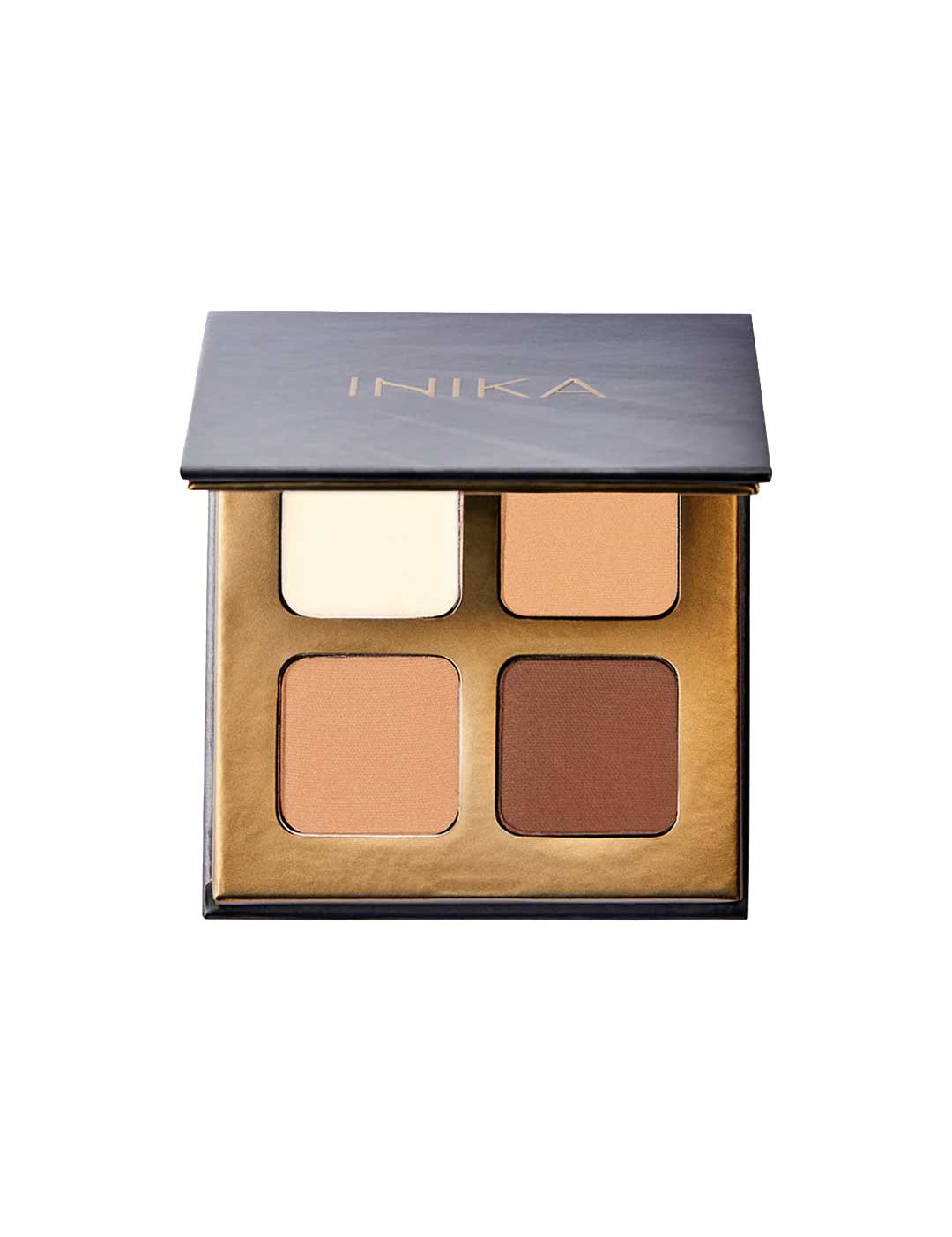The INIKA Organic Brow Palette 8g features four square pans in shades of beige and brown for highlighting, contouring, bronzing, or brow definition. This vegan palette comes in a sleek compact with a dark lid bearing the INIKA logo.