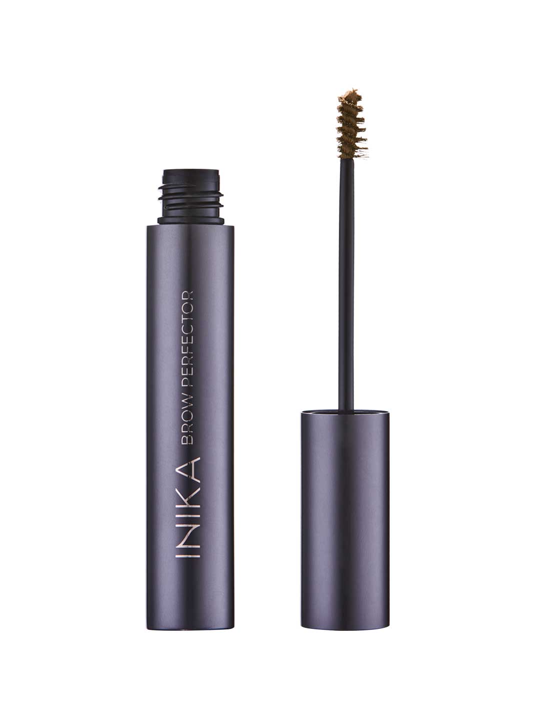 The INIKA Organic Brow Perfector 6.5ml stands upright without its cap, revealing a small brush applicator coated in brown product against a white background.