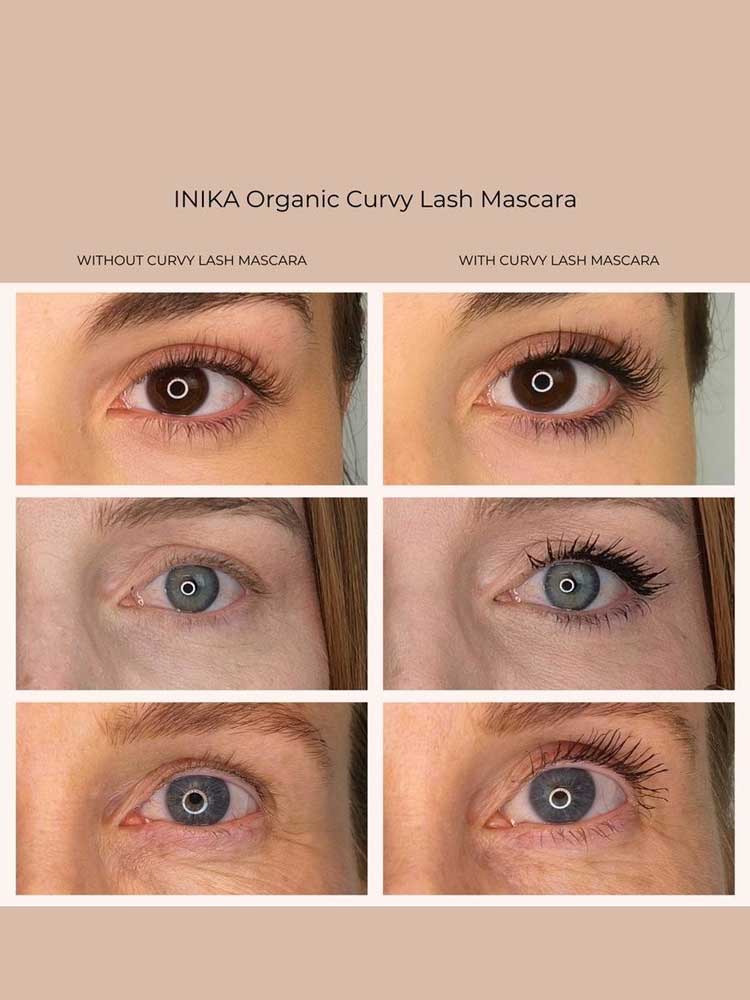 Before-and-after of three eyes, each shown bare and with INIKA Organic Curvy Lash Mascara - Black 8ml (a vegan formula) on the right, showing lashes that look enhanced, darker, and more defined.