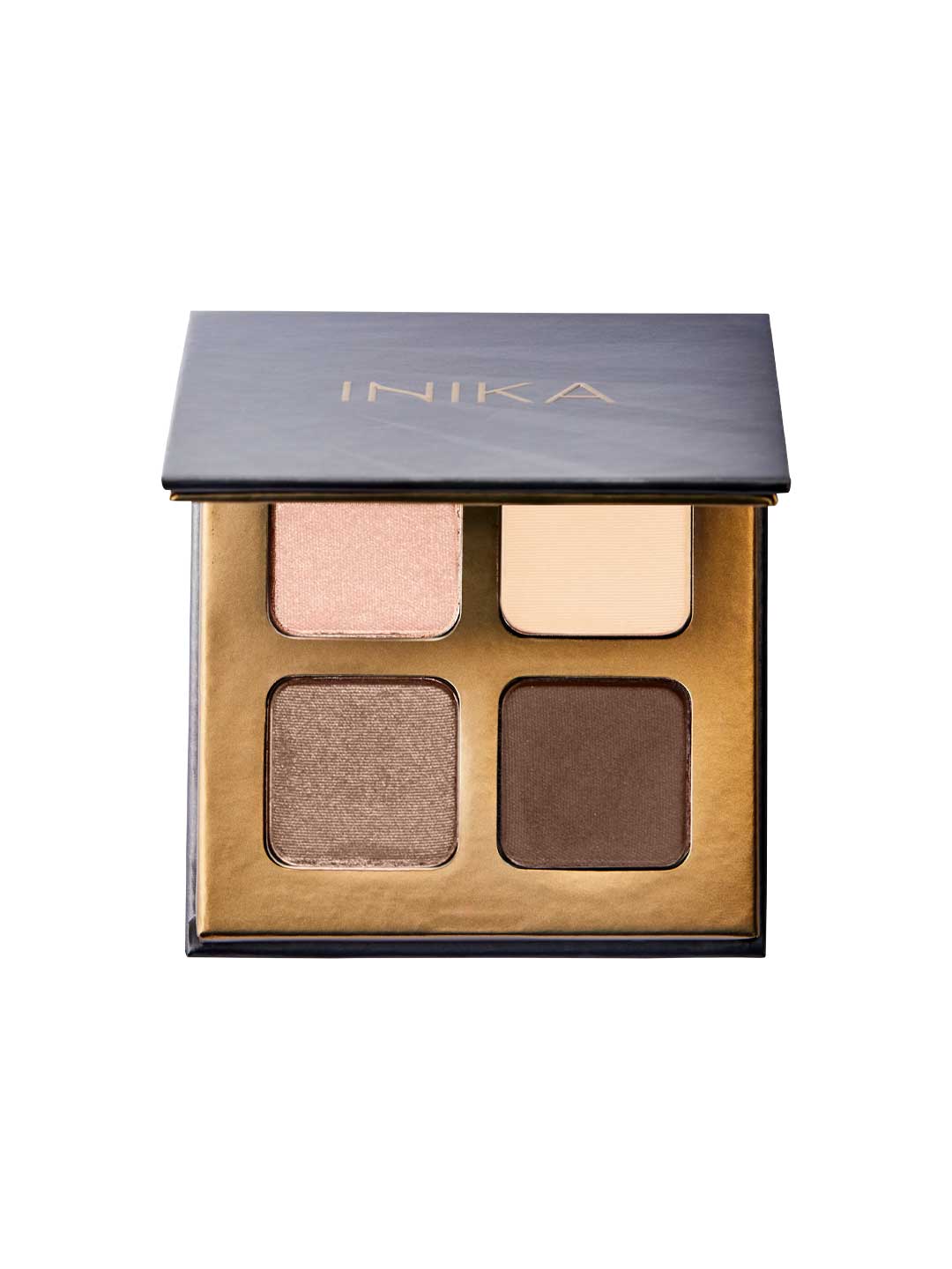 The INIKA Organic Eyeshadow Quad - Wind 8g features four vegan shades—light pink, beige, shimmery bronze, and dark brown—in a gold and black case with a partially open lid, perfect for creating effortless looks.