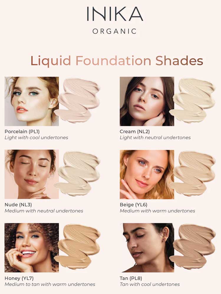 Six women with varying skin tones are shown beside six INIKA Organic Liquid Foundation 30ml swatches—Porcelain, Cream, Nude, Beige, Honey, and Tan—with undertone and shade details. INIKA Organic vegan foundation branding is at the top.