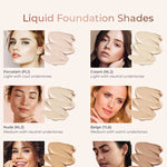 Six women with varying skin tones are shown beside six INIKA Organic Liquid Foundation 30ml swatches—Porcelain, Cream, Nude, Beige, Honey, and Tan—with undertone and shade details. INIKA Organic vegan foundation branding is at the top.