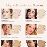 Six women with varying skin tones are shown beside six INIKA Organic Liquid Foundation 30ml swatches—Porcelain, Cream, Nude, Beige, Honey, and Tan—with undertone and shade details. INIKA Organic vegan foundation branding is at the top.