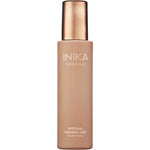 A matte tan bottle labeled INIKA Organic Natural Tanning Mist 120ml with a metallic bronze cap is shown against a plain white background. This vegan tanning spray is suitable for face and body.