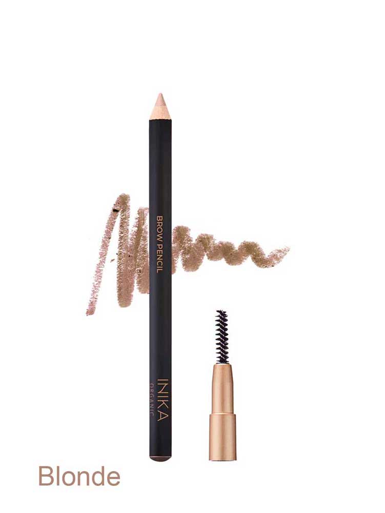 The INIKA Organic Brow Pencil 10.6g is a vegan blonde eyebrow pencil with a black and gold design, shown with a light brown swatch, small brow brush, and "Blonde" labeled at the bottom left.
