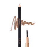 The INIKA Organic Brow Pencil 10.6g is a vegan blonde eyebrow pencil with a black and gold design, shown with a light brown swatch, small brow brush, and "Blonde" labeled at the bottom left.