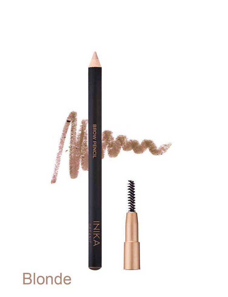 The INIKA Organic Brow Pencil 10.6g is a vegan blonde eyebrow pencil with a black and gold design, shown with a light brown swatch, small brow brush, and "Blonde" labeled at the bottom left.