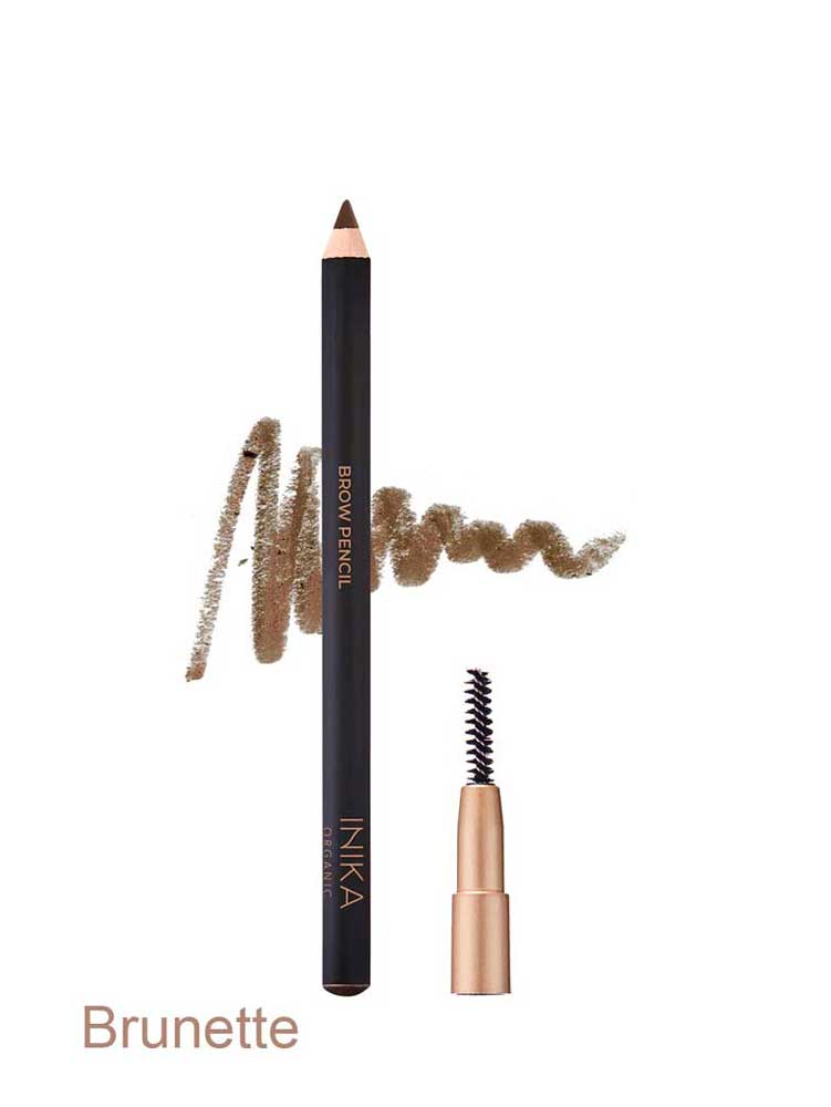 A dark brown INIKA Organic Organic Brow Pencil 10.6g with a spoolie brush, displayed with a swatch of color and the text "Brunette" at the bottom.