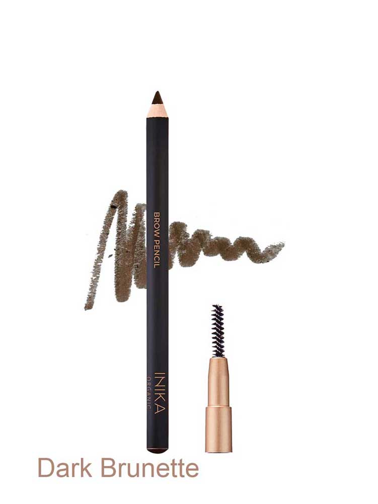 The INIKA Organic Brow Pencil 10.6g is a vegan eyebrow pencil for dark brunettes, featuring a spoolie brush and shown with a brown swatch labeled Dark Brunette.