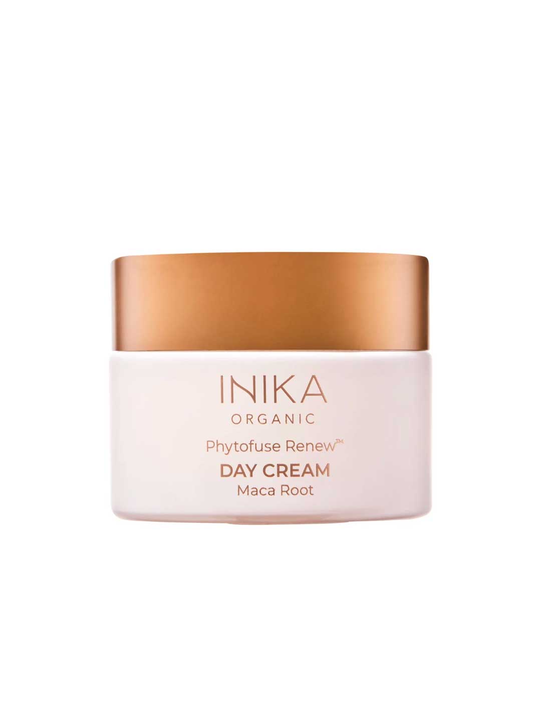 A 50ml jar of INIKA Organic Phytofuse Renew Day Cream, a nourishing face cream for mature skin, is shown in a white container with a gold lid against a plain white background—ideal for daily hydration.