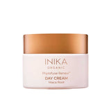 A 50ml jar of INIKA Organic Phytofuse Renew Day Cream, a nourishing face cream for mature skin, is shown in a white container with a gold lid against a plain white background—ideal for daily hydration.