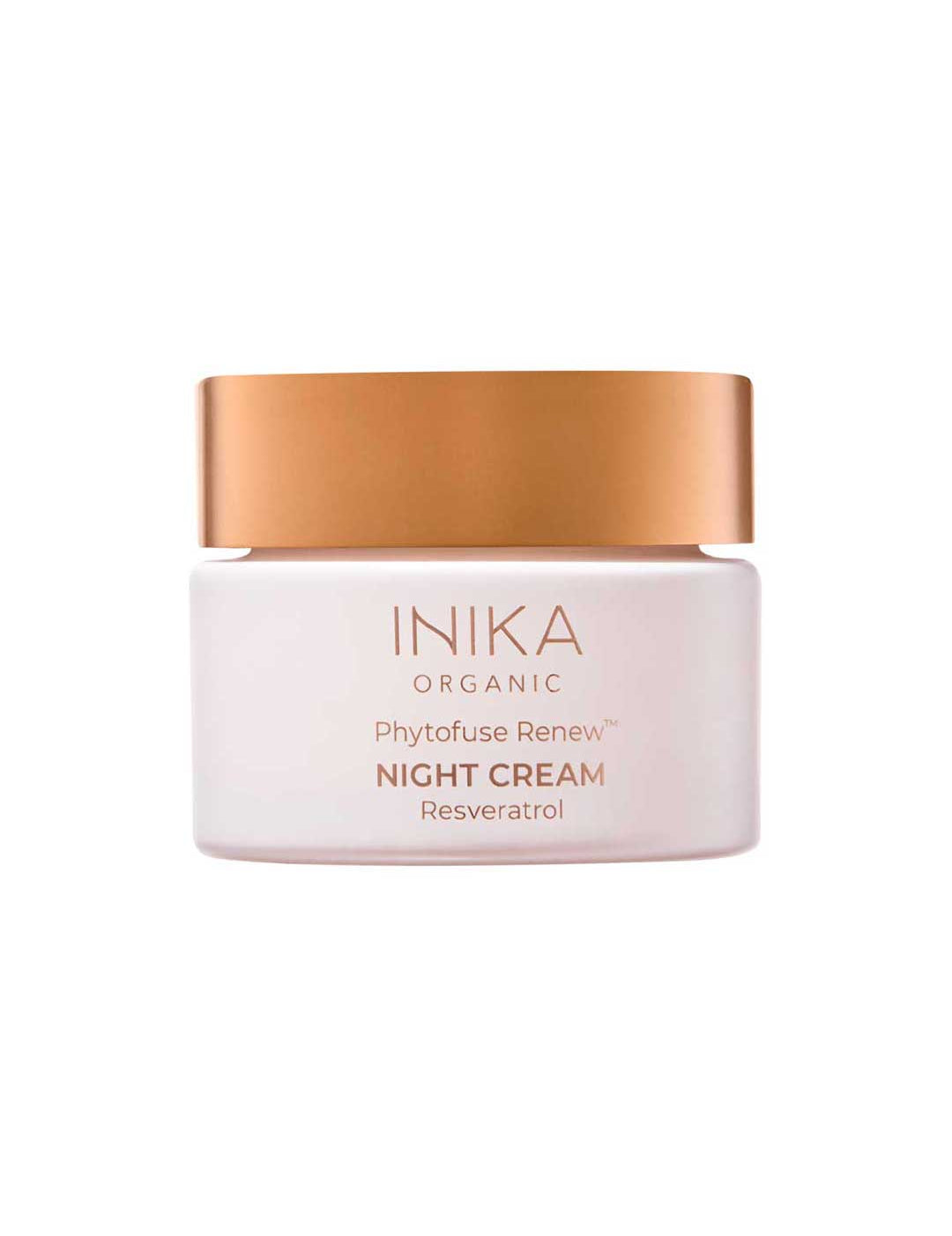 A white jar of INIKA Organic Phytofuse Renew Night Cream 50ml, an organic night cream with resveratrol, featuring a gold lid and simple pink and gold label text.