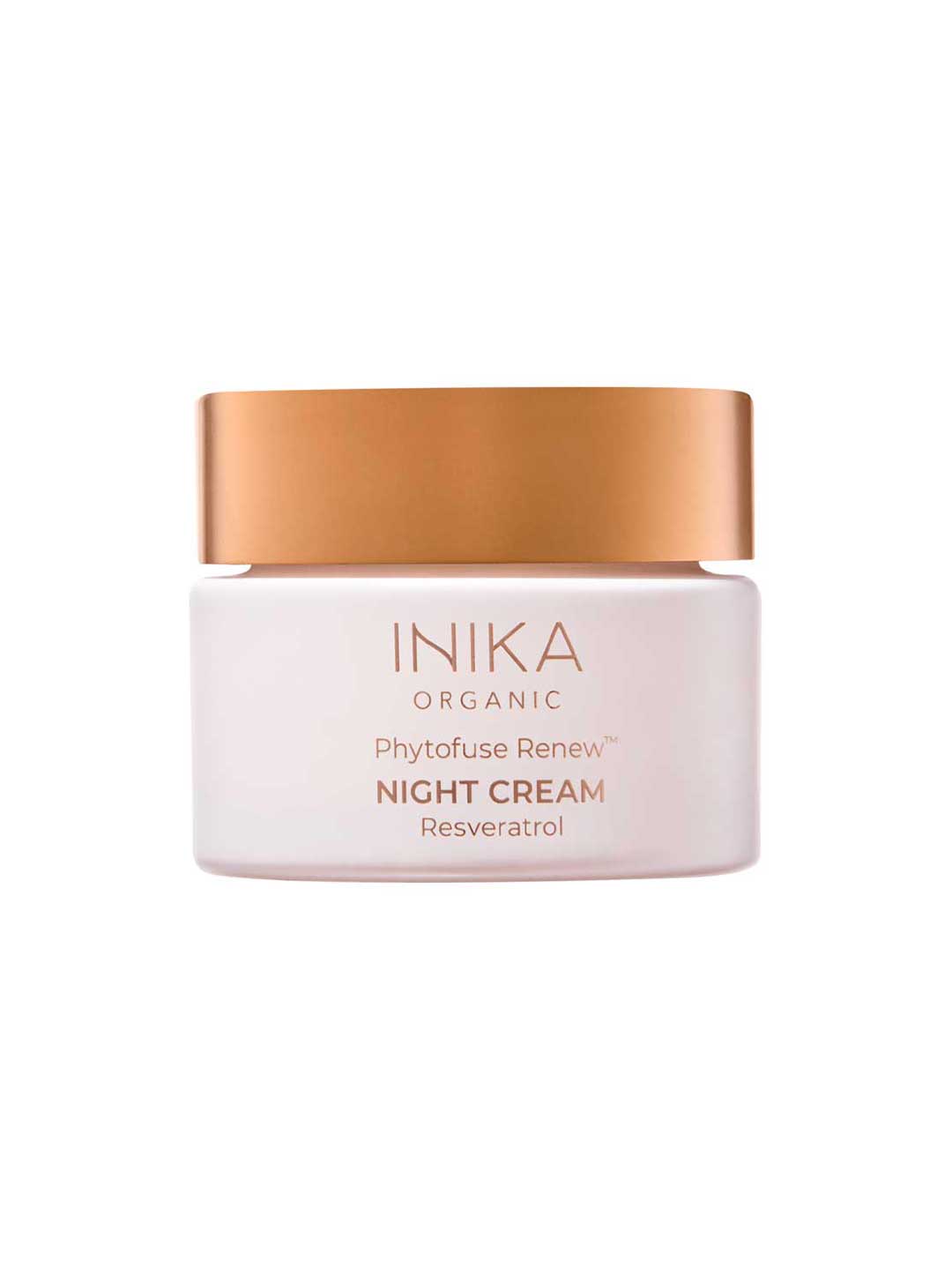 A white jar of INIKA Organic Phytofuse Renew Night Cream 50ml, an organic night cream with resveratrol, featuring a gold lid and simple pink and gold label text.