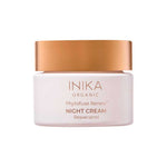 A white jar of INIKA Organic Phytofuse Renew Night Cream 50ml, an organic night cream with resveratrol, featuring a gold lid and simple pink and gold label text.