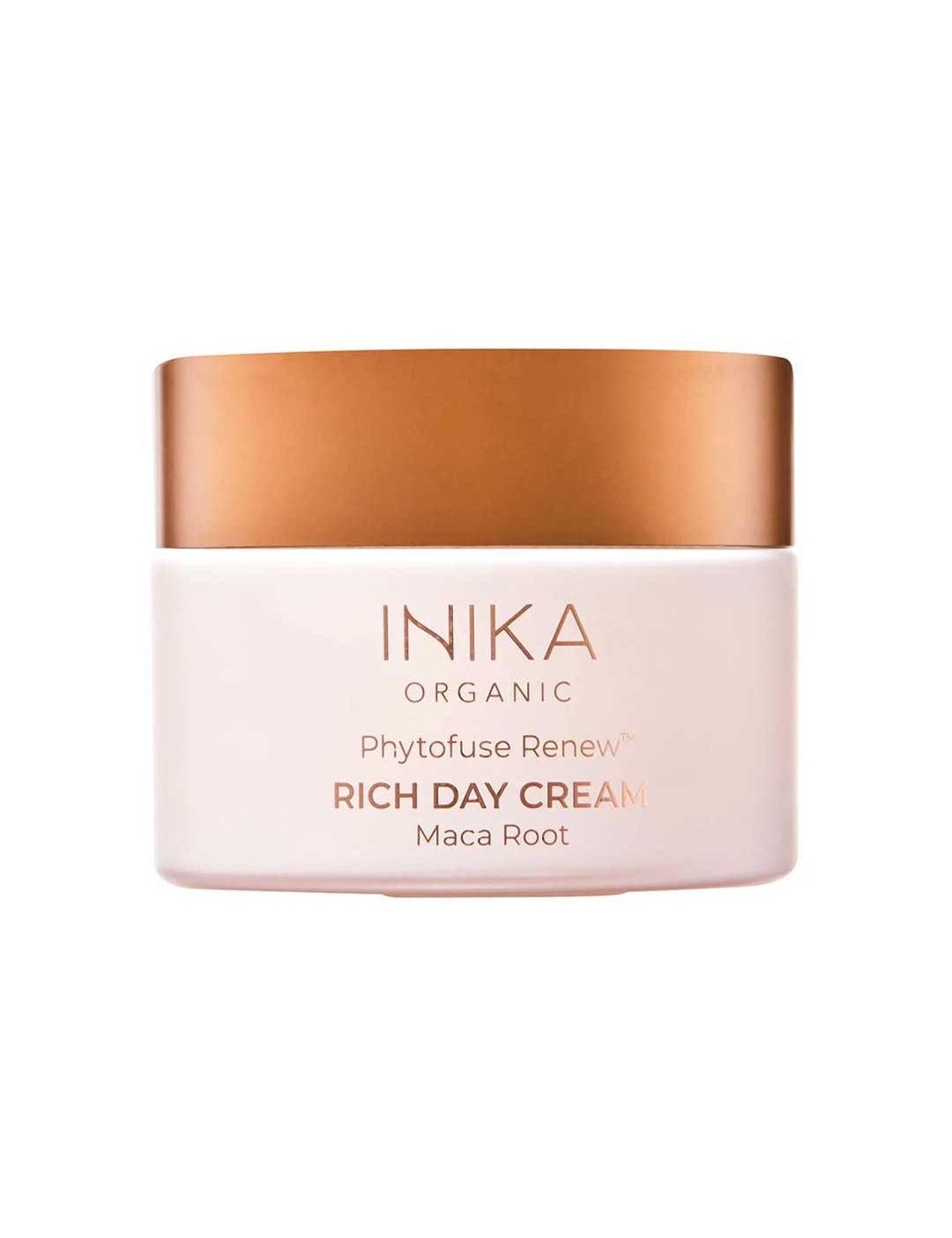 A 50ml jar of INIKA Organic Phytofuse Renew Rich Day Cream—vegan moisturiser for dry skin—with a white container, metallic rose gold lid, and product details printed on the front.
