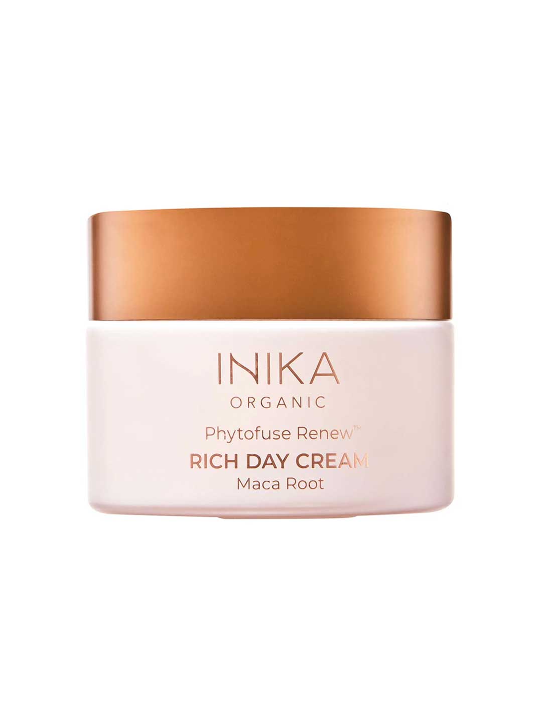 A 50ml jar of INIKA Organic Phytofuse Renew Rich Day Cream—vegan moisturiser for dry skin—with a white container, metallic rose gold lid, and product details printed on the front.