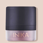 The INIKA Organic Mineral Blush Puff Pot - Rosy Glow 3g features a square frosted base, matte black lid, and gold INIKA logo—ideal for storing loose powder blush. Shown on a light beige background.
