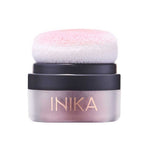 The INIKA Organic Mineral Blush Puff Pot - Rosy Glow 3g features a frosted base, black lid, and soft pink-and-white applicator sponge. The INIKA logo appears in gold on the front.