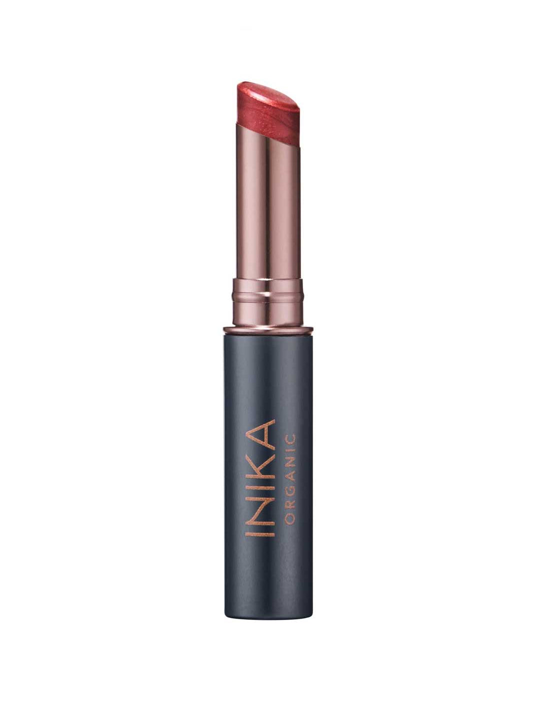 A 3.5g tube of INIKA Organic Tinted Lip Balm - Cosmic stands upright on a white background, featuring a metallic rose gold and matte dark gray casing with a pinkish-red bullet.