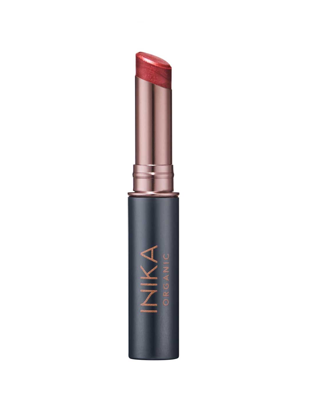 A 3.5g tube of INIKA Organic Tinted Lip Balm - Cosmic stands upright on a white background, featuring a metallic rose gold and matte dark gray casing with a pinkish-red bullet.