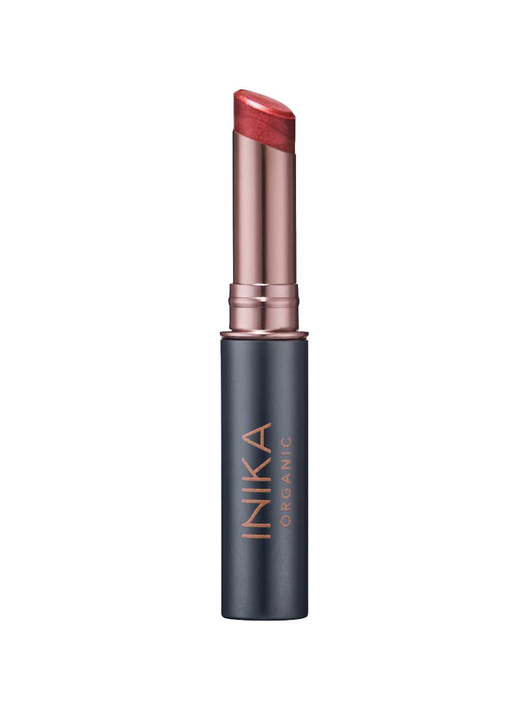 A tube of INIKA Organic Tinted Lip Balm - Mulberry 3.5g in metallic rose gold and dark grey casing, with the vegan pinkish-red balm partially twisted up.