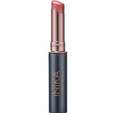 A partially opened INIKA Organic Tinted Lip Balm - Rose 3.5g in a rose gold and black tube reveals its shimmery pink tint, with the INIKA ORGANIC brand name displayed vertically on the casing.