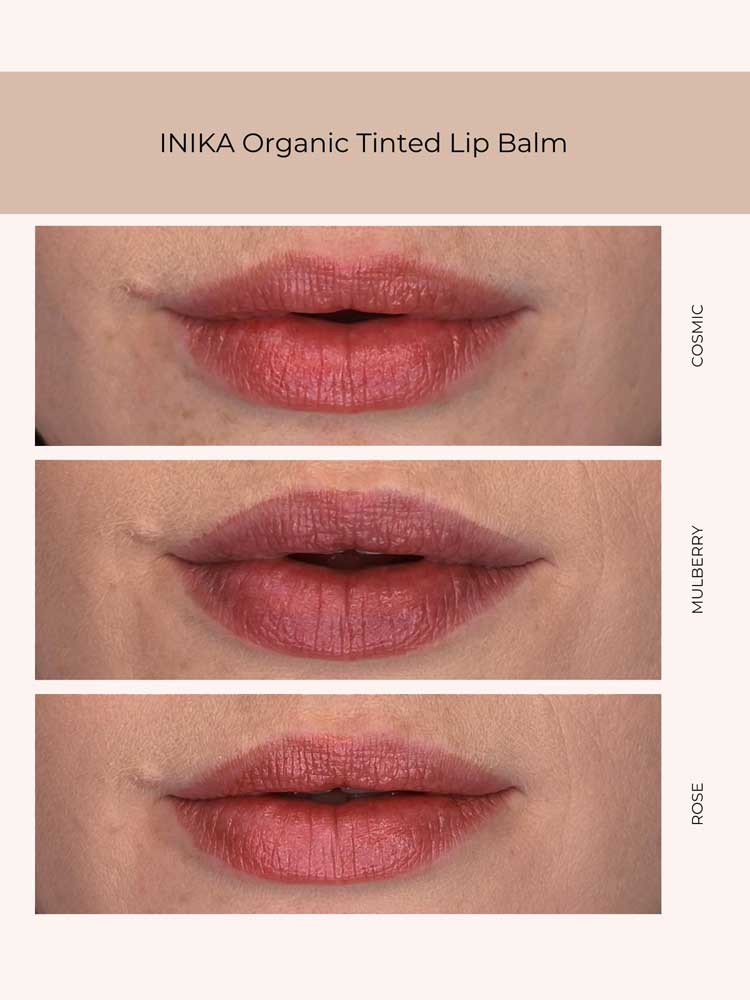 Three close-up images show lips wearing INIKA Organic Tinted Lip Balm - Mulberry 3.5g in three shades: Cosmic (soft pink, top), Mulberry (berry tone, middle), and Rose (warm rose, bottom). Each shade is labeled on the right.
