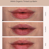 Three close-up images show lips wearing INIKA Organic Tinted Lip Balm - Mulberry 3.5g in three shades: Cosmic (soft pink, top), Mulberry (berry tone, middle), and Rose (warm rose, bottom). Each shade is labeled on the right.