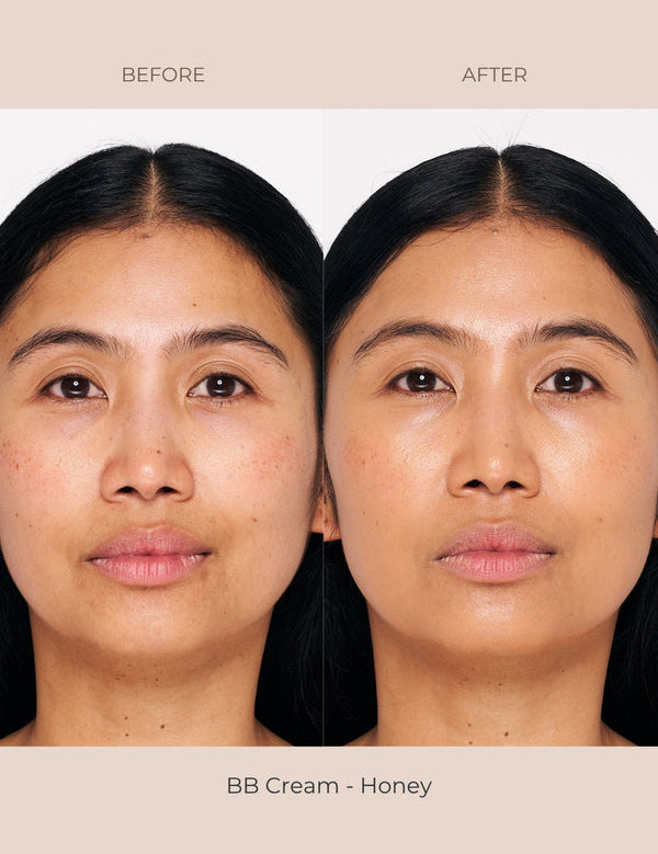 Before-and-after portraits for INIKA BB Cream in Honey, showing a front-facing person with centre-parted dark hair. The After portrait shows more even skin colour across the cheeks and chin.