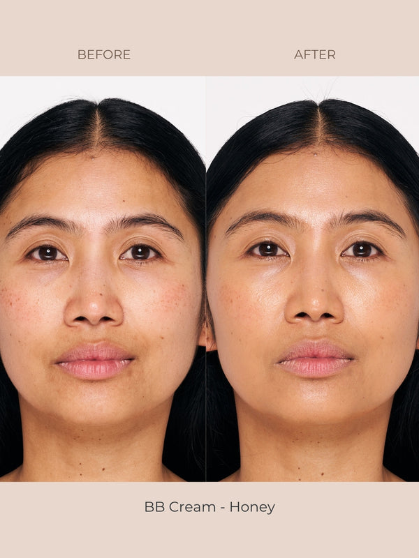Model wearing INIKA Organic BB Cream in shade Honey