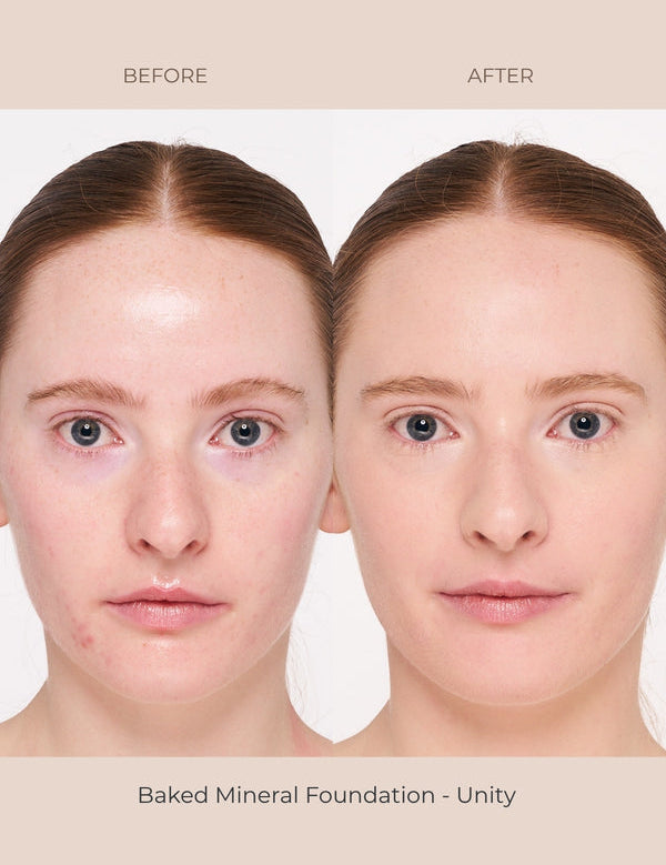 Before-and-after portraits for INIKA Baked Mineral Foundation in Unity, showing a front-facing person with tied-back auburn hair. The After portrait has more even skin colour and less visible redness around the nose and cheeks.