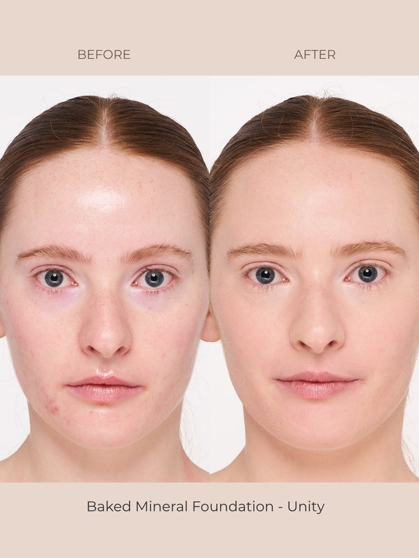 Model wearing INIKA Organic Baked Mineral Foundation in shade Unity