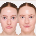 Model wearing INIKA Organic Liquid Foundation in shade Porcelain