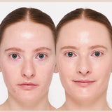 Model wearing INIKA Organic Liquid Foundation in shade Porcelain