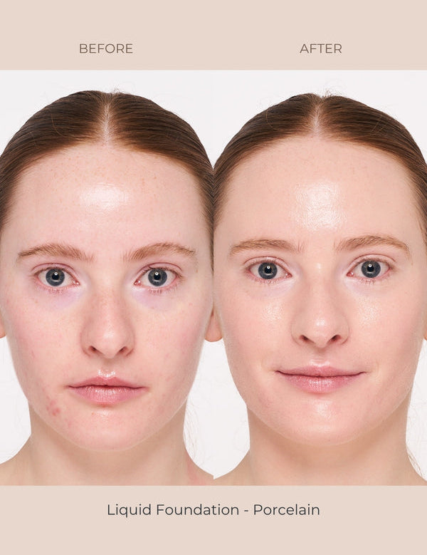 Before-and-after portraits for INIKA Liquid Foundation in Porcelain, showing a person with centre-parted brown hair. The After portrait shows more even skin colour and less visible redness around the nose and cheeks.