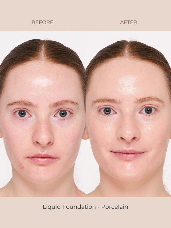 Model wearing INIKA Organic Liquid Foundation in shade Porcelain