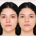 Model wearing INIKA Organic Loose Mineral Foundation SPF25 in shade Unity