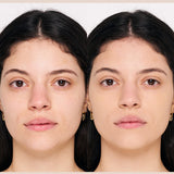 Model wearing INIKA Organic Loose Mineral Foundation SPF25 in shade Unity