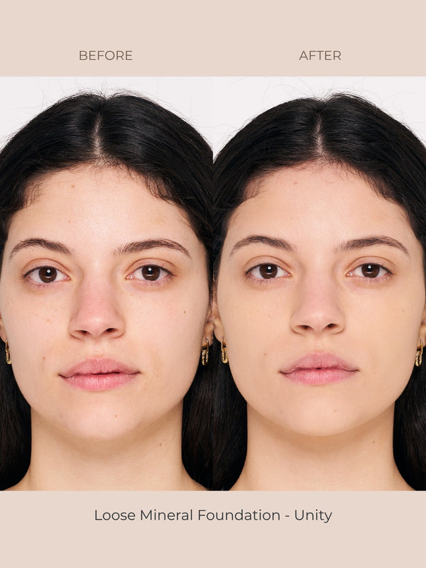 Model wearing INIKA Organic Loose Mineral Foundation SPF25 in shade Unity