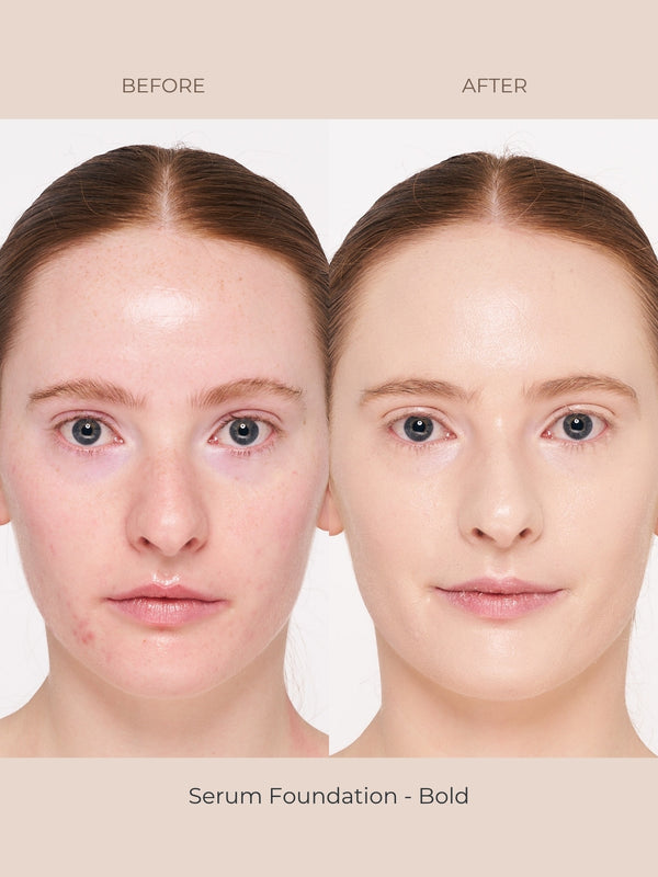Model wearing INIKA Organic Serum Foundation in shade Bold