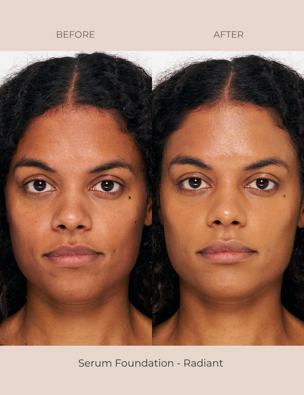 Before-and-after portraits for INIKA Serum Foundation in Radiant, showing a person with centre-parted dark hair. The After portrait shows more even skin colour around the eyes and across the cheeks.
