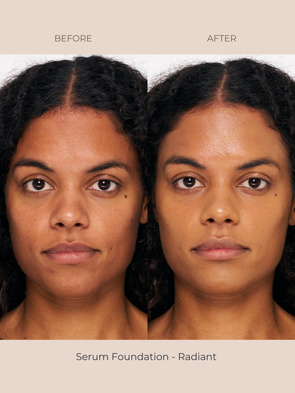 Model wearing INIKA Organic Serum Foundation in shade Radiant