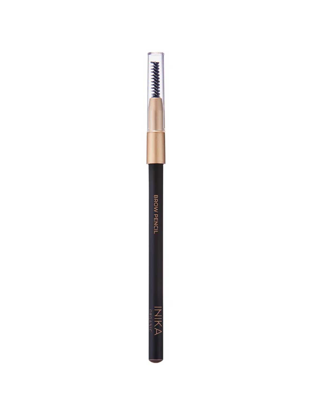 The INIKA Organic Brow Pencil 10.6g is a black vegan pencil with a gold cap, gold "Brow Pencil" and "INIKA" labeling, and a spoolie brush on one end with a clear plastic cover.