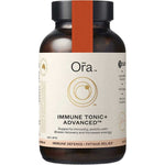 Ora Immune Tonic+ Advanced comes in a brown bottle with a minimalist white and gold label and black lid, designed to promote immune support, relieve post-viral fatigue, and boost energy.