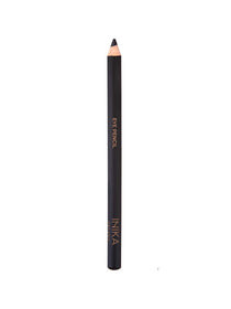 The INIKA Organic Eye Liner Pencil 9.9g, ideal for sensitive eyes, features a sharpened black tip and gold labeling reading "EYE PENCIL" and "INIKA," standing upright against a white background.