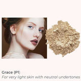 A woman with very light, neutral-toned skin stands beside INIKA Organic Loose Mineral Foundation SPF25 8g. Text: Grace (P1) Non-comedogenic, for very light skin with neutral undertones.
