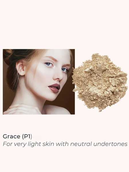 A woman with very light, neutral-toned skin stands beside INIKA Organic Loose Mineral Foundation SPF25 8g. Text: Grace (P1) Non-comedogenic, for very light skin with neutral undertones.