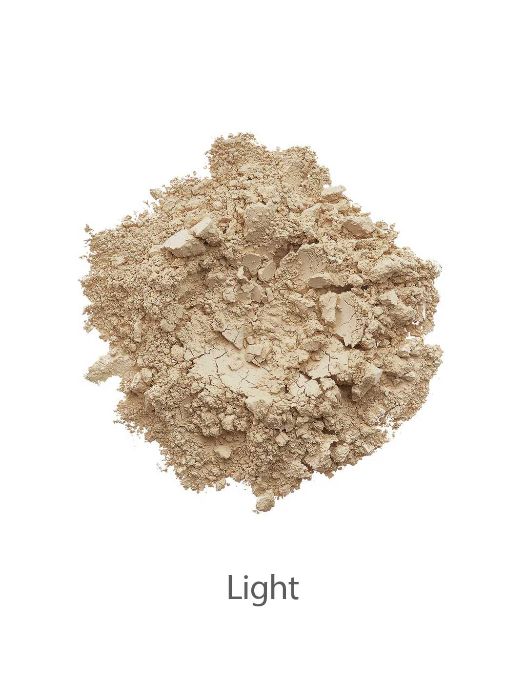 A mound of light beige powder from the INIKA Organic Foundation Trial Sets - 4 Piece Set is shown on a white background, with "Light" written below.